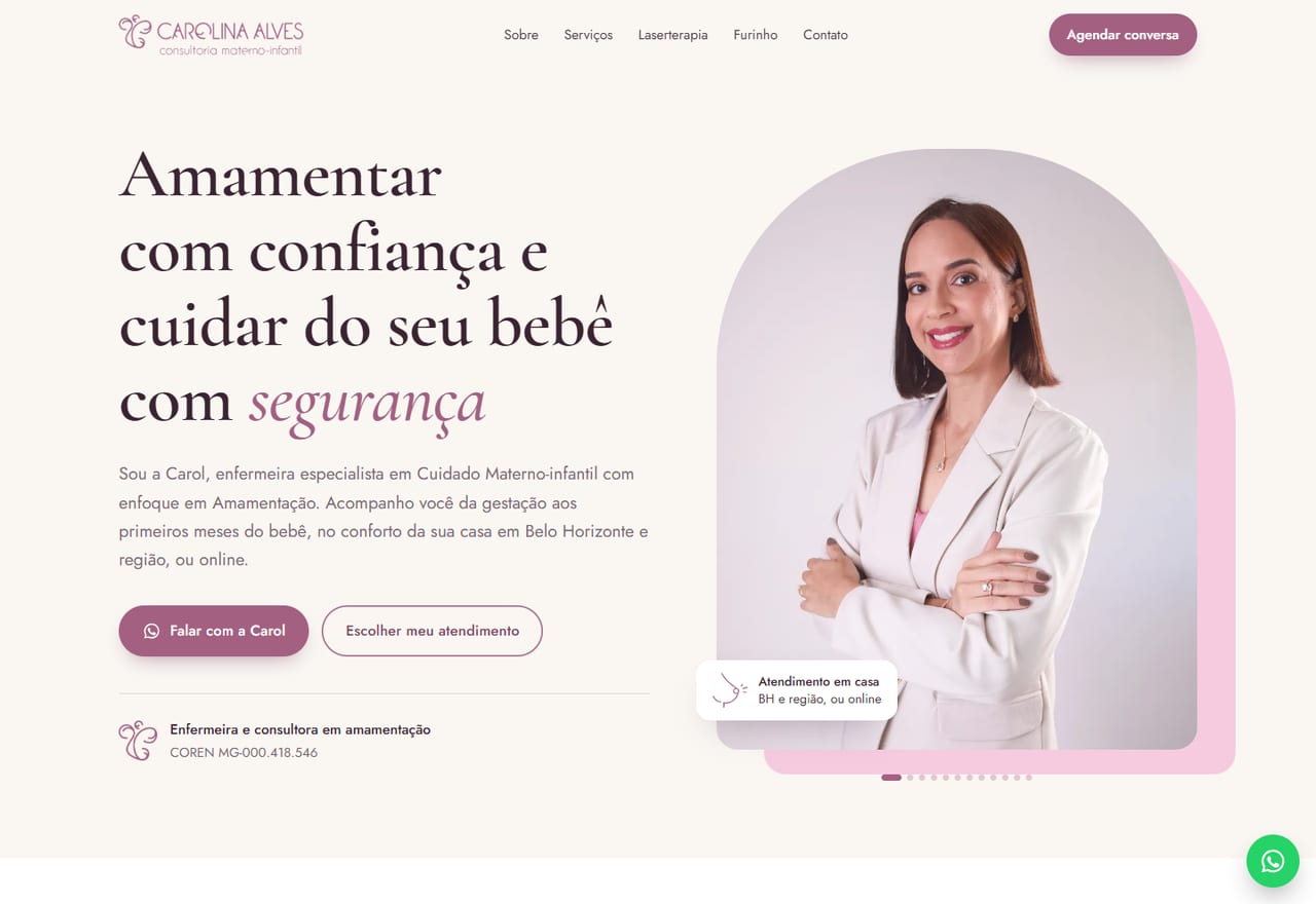 Site da enfermeira Carolina Alves, consultora em amamentação, criado pela Cash Funnels