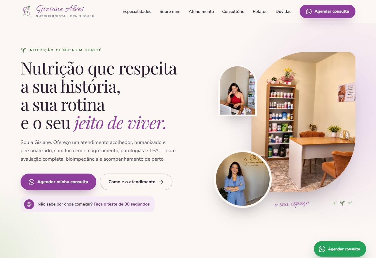 Site da nutricionista Giziane Alves, criado pela Cash Funnels