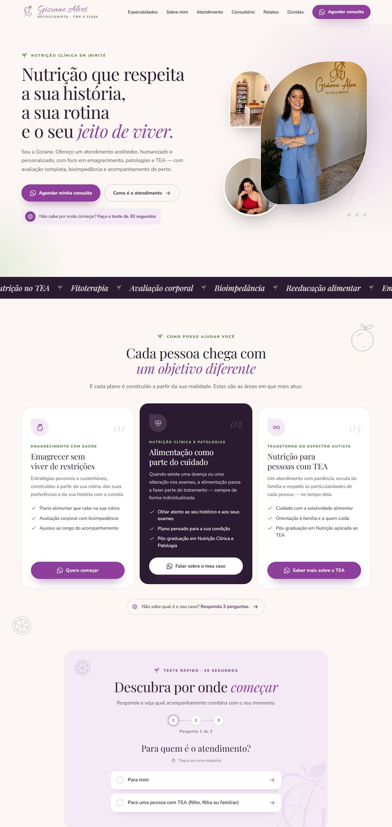 Site da nutricionista Giziane Alves, do topo ao rodapé, no computador