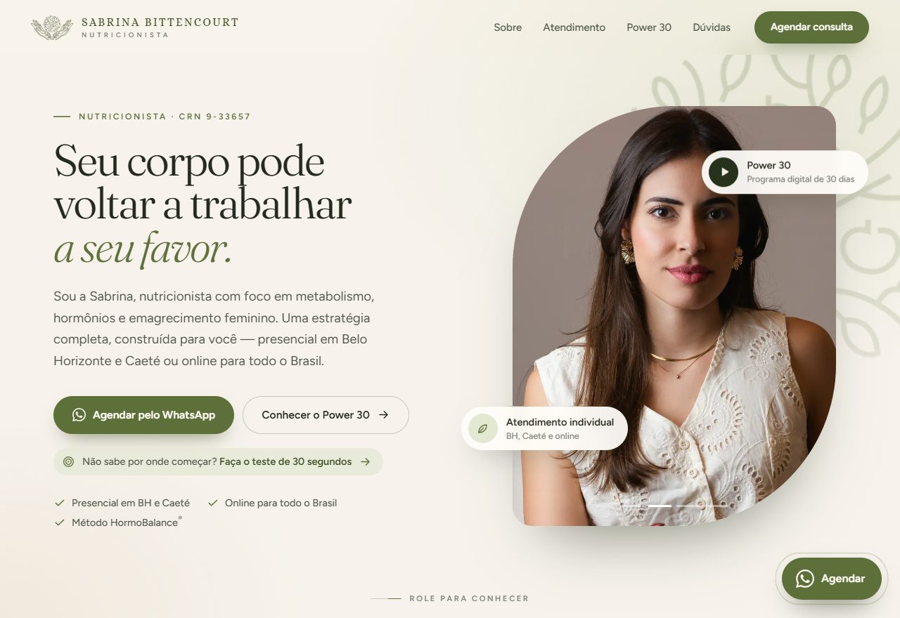 Site da nutricionista Sabrina Bittencourt, criado pela Cash Funnels