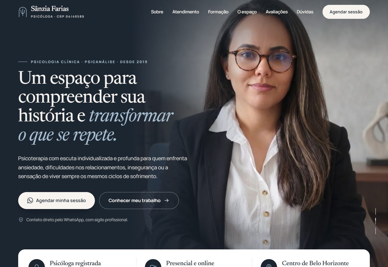 Site da psicóloga Sânzia Farias, criado pela Cash Funnels