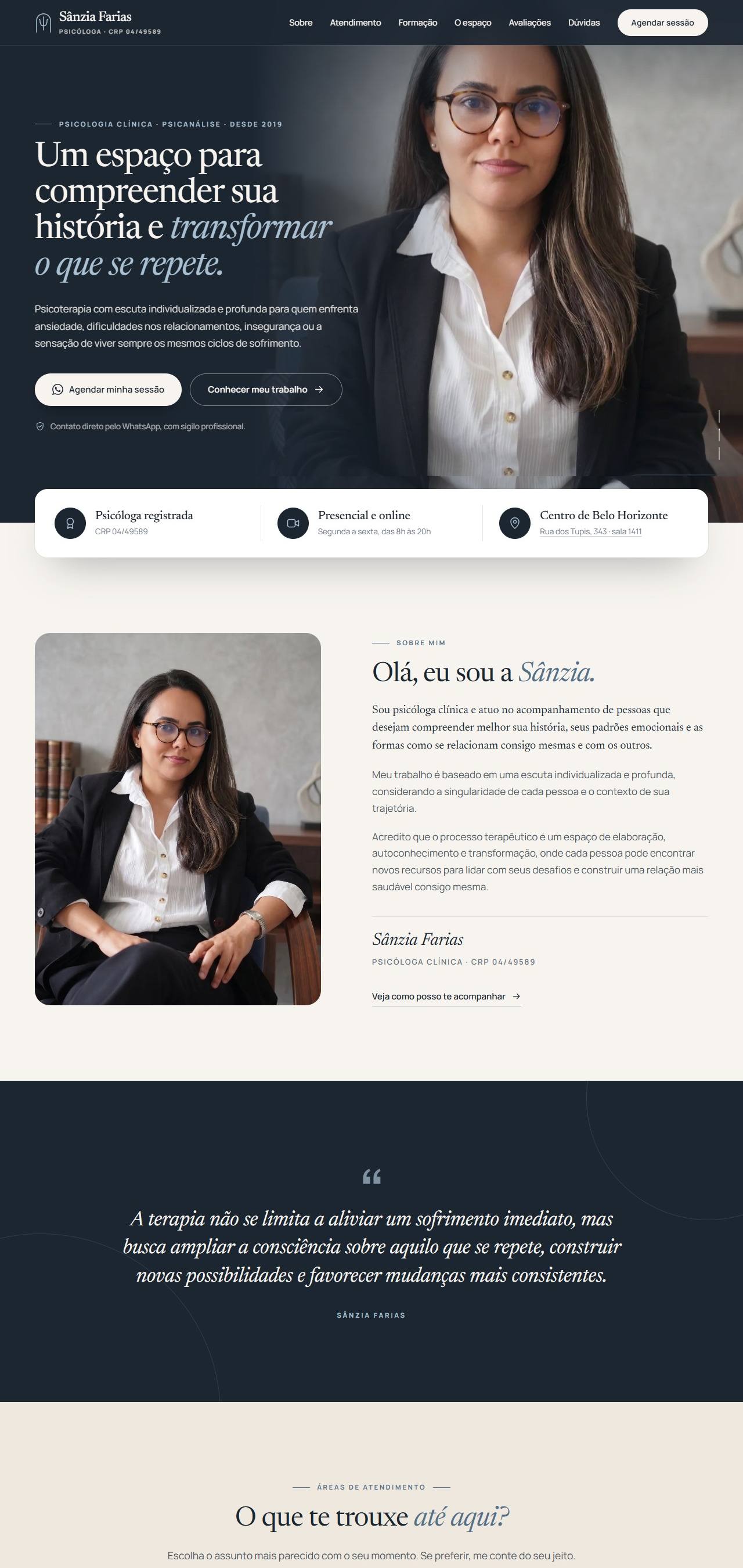 Site da psicóloga Sânzia Farias, do topo ao rodapé, no computador